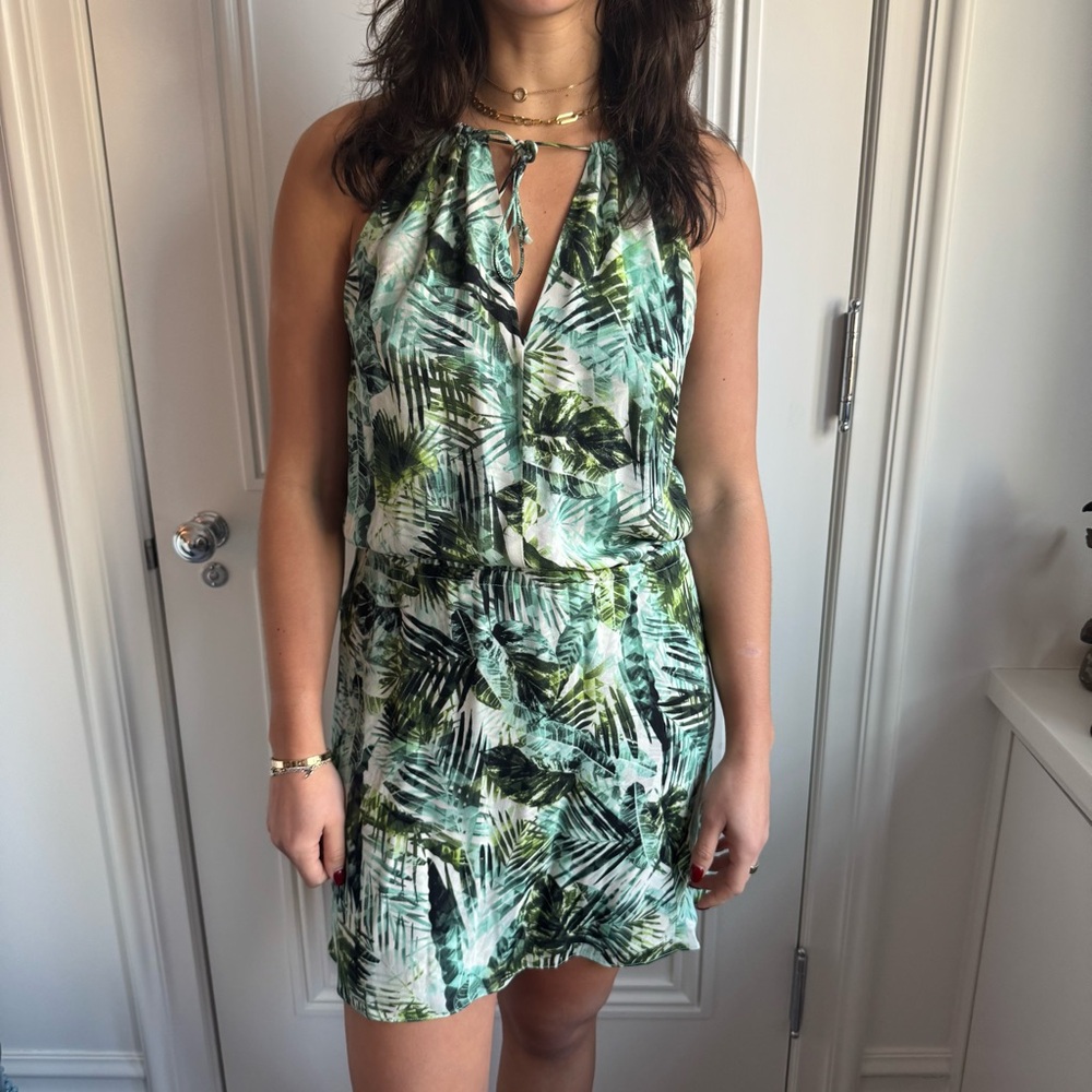 Parker Green & White Palm Print Sleeveless Dress size small